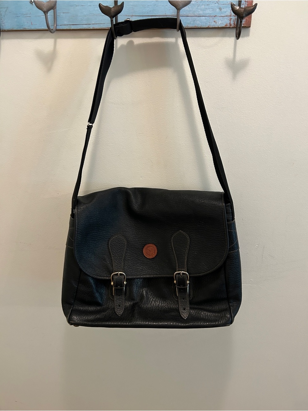 W.A. Goold Vintage Black Leather Messenger Bag with Adjustable Strap